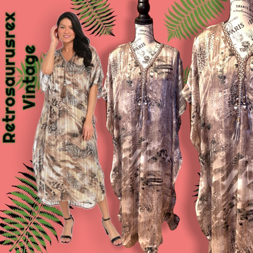 𝅺fig & Vine Leopard Cheetah Print Tassel Caftan Mumu Maxi Dress, Small